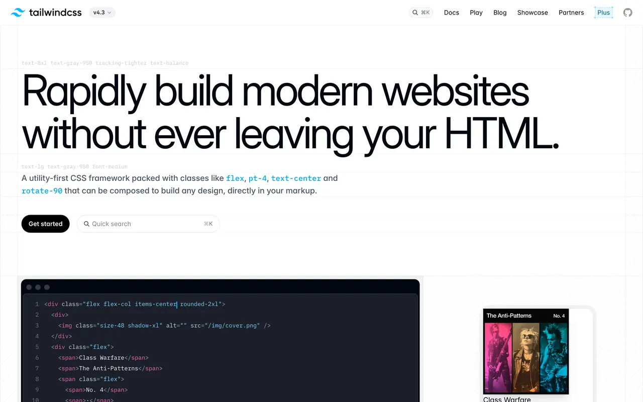 Capture of tailwindcss.com on desktop, light theme