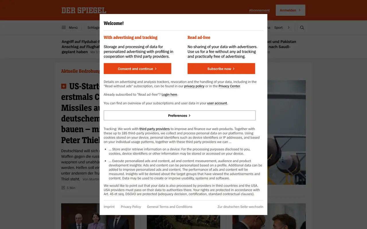 The same page in a plain browser, covered by a consent wall