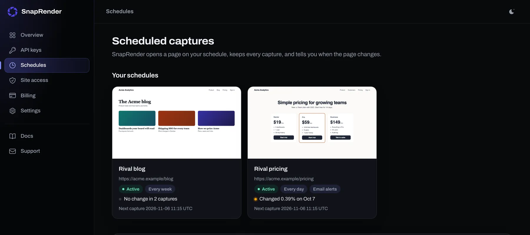 The schedules list in the SnapRender dashboard, with the latest capture of each page and its last change