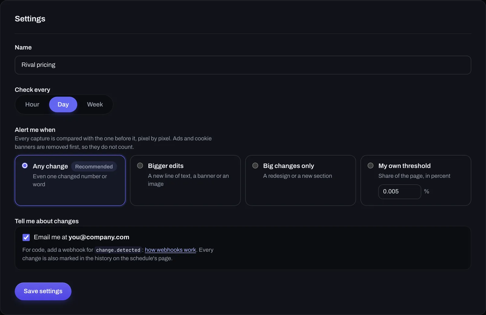 Schedule settings: check every hour, day or week, alert on any change, bigger edits or big changes only, and email alerts