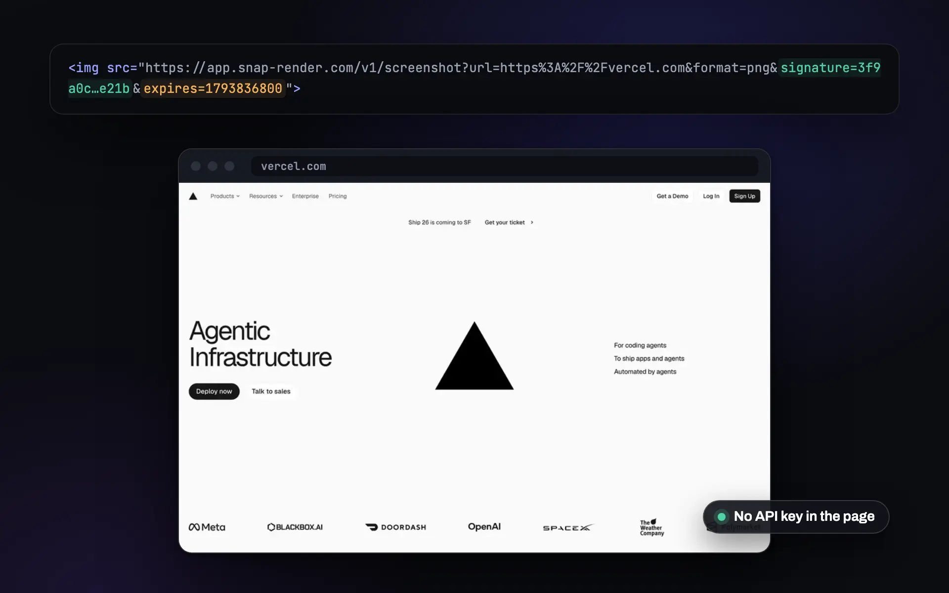 A signed screenshot URL in an image tag and the capture it returns