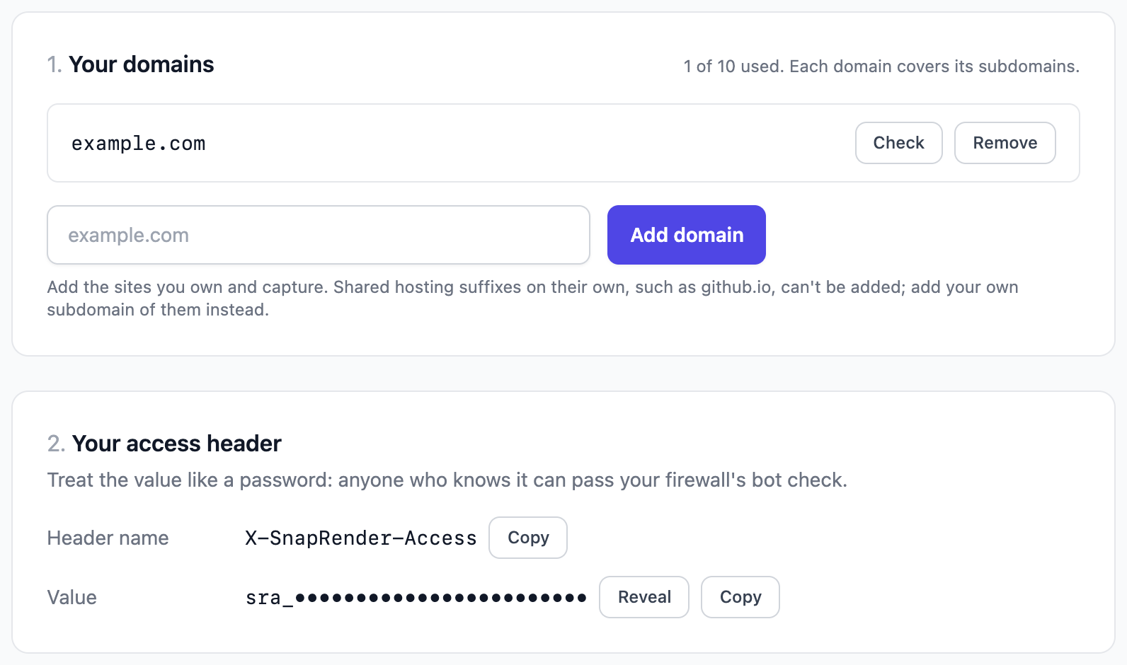 Site access in the SnapRender dashboard with example.com added, its access header and the Check button