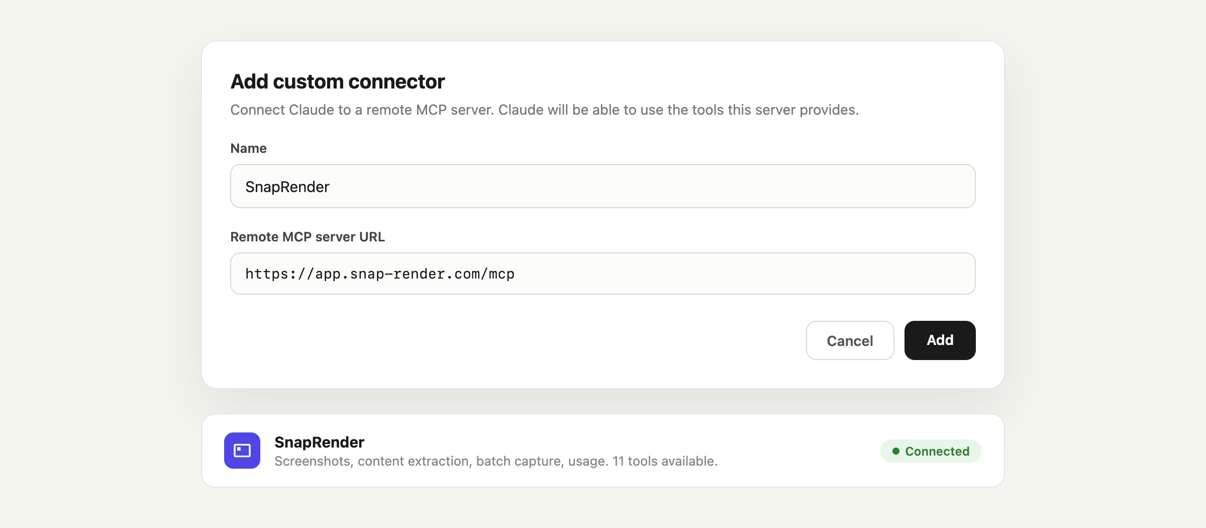 The Add custom connector dialog in Claude settings with the SnapRender MCP URL filled in, and the connector showing as connected