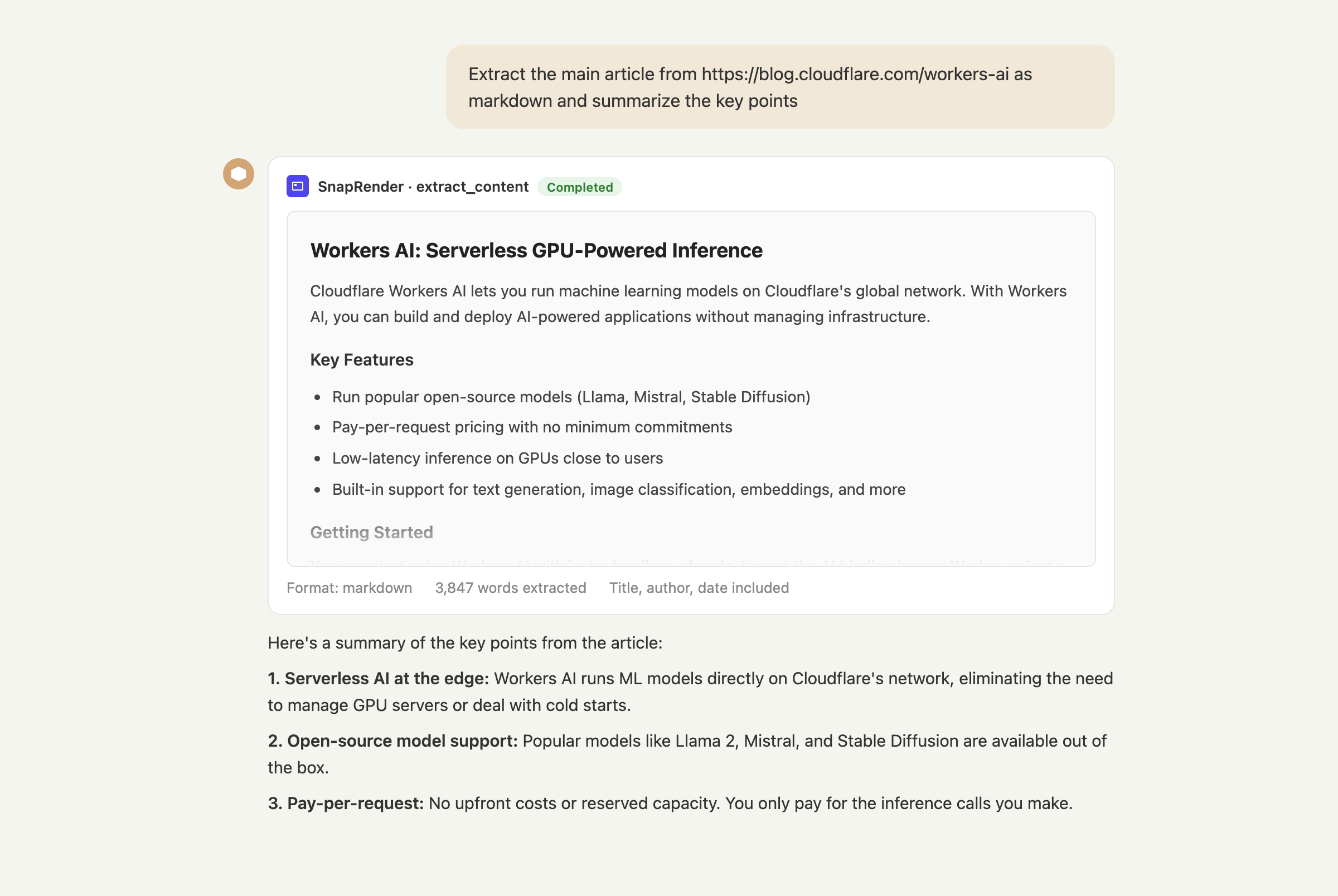 Claude extracting an article as clean markdown with the SnapRender extract_content tool
