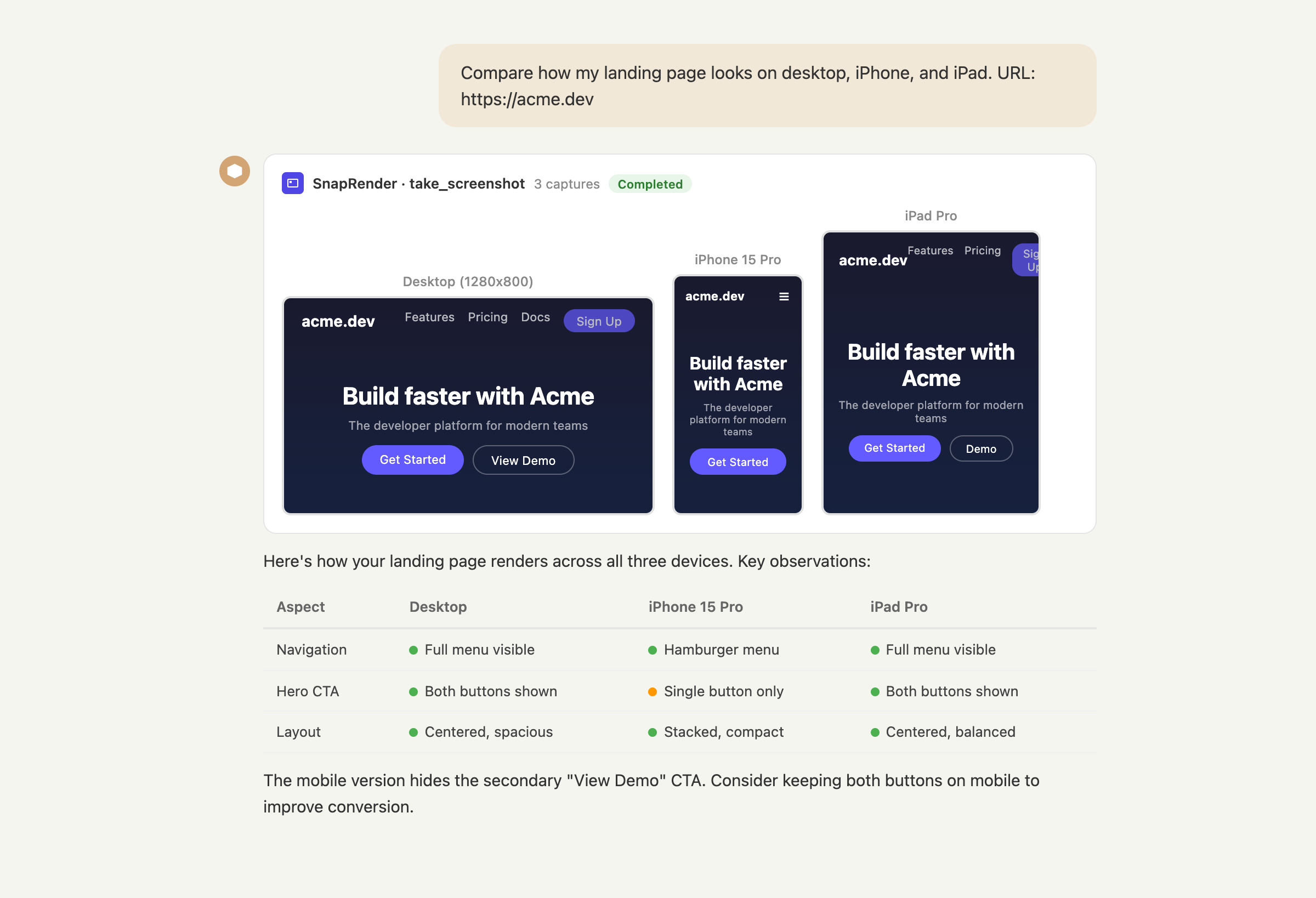 Claude comparing a landing page across desktop, iPhone 15 Pro, and iPad Pro with a findings table