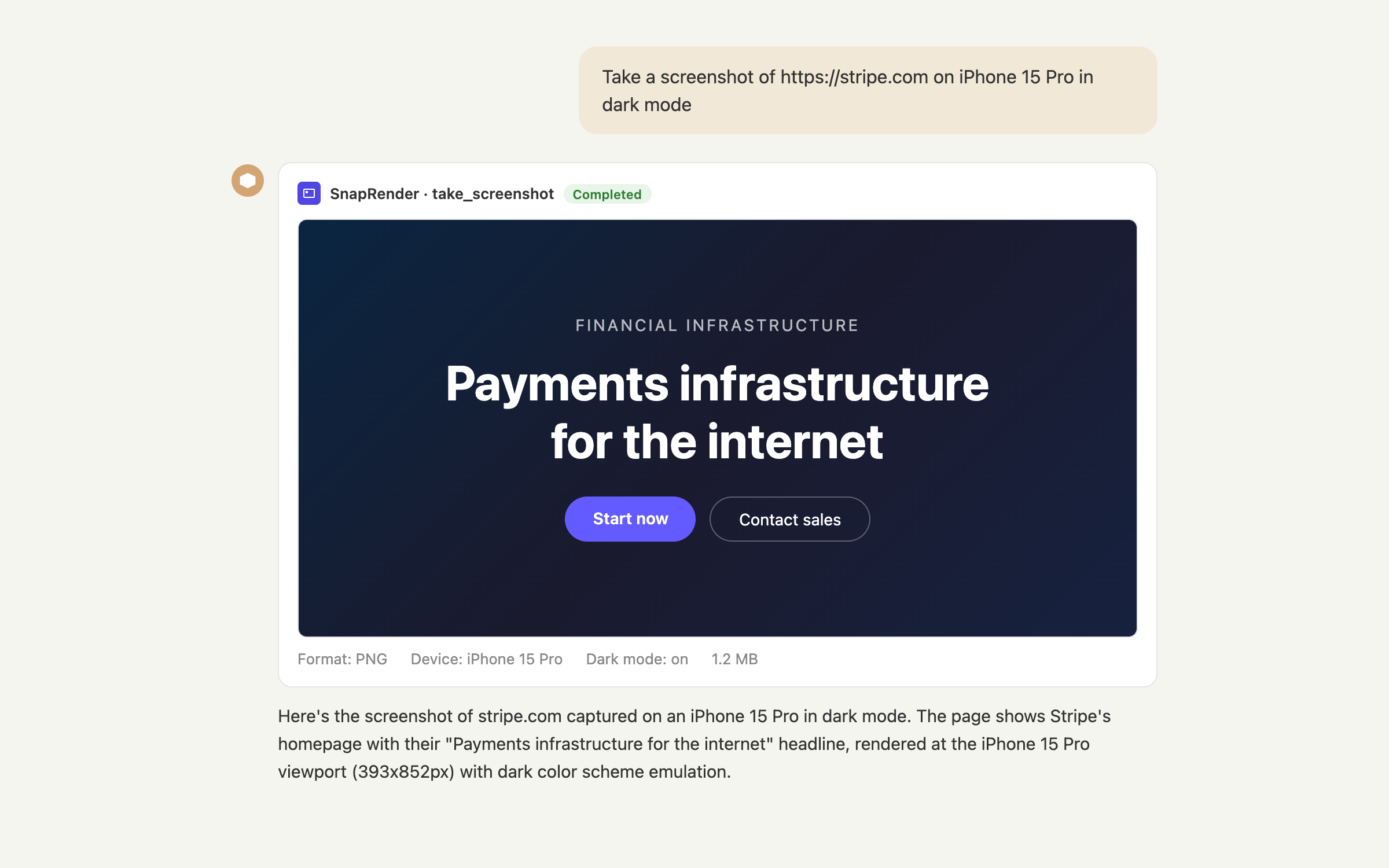 Claude taking a screenshot of stripe.com on iPhone 15 Pro in dark mode using the SnapRender take_screenshot tool