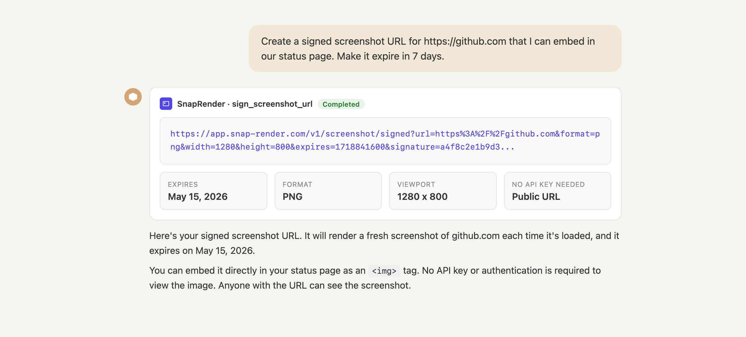 Claude generating a signed screenshot URL with the SnapRender sign_screenshot_url tool