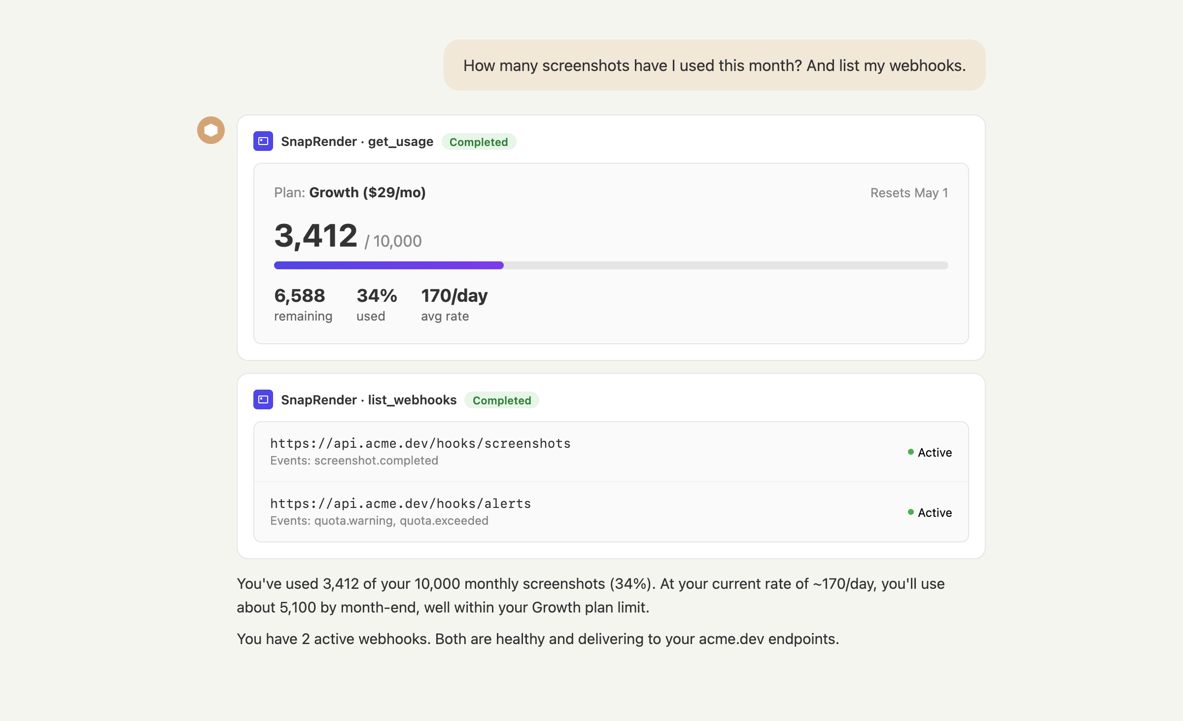Claude checking SnapRender usage and listing webhooks in a chat